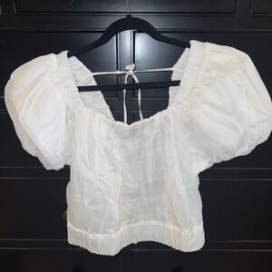 Frame Ruched Crop Puff Sleeve Blouse in Blanc Size X Large NWT